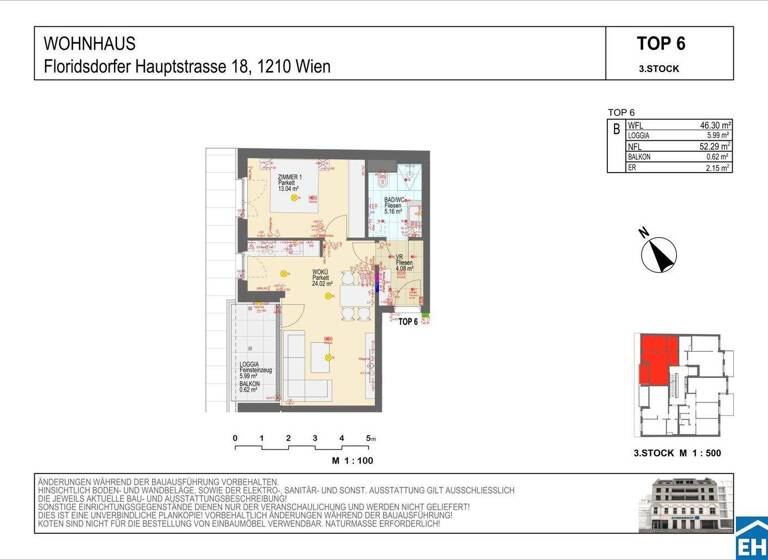 Wohnung zur Miete - Erstbezug 749 € 2 Zimmer 46,3 m² 3. Geschoss frei ab 01.05.2026 Wien 1210