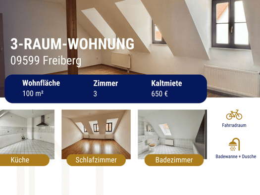 Wohnung zur Miete 650 € 3 Zimmer 100 m² 3. Geschoss Freiberg Freiberg 09599