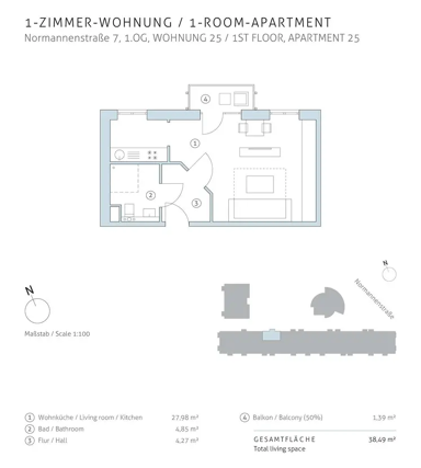 Wohnung zur Miete 700 € 1 Zimmer 38,5 m² 1. Geschoss Normannenstraße 7C Altglienicke Berlin 12524