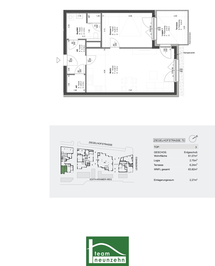 Wohnung zum Kauf provisionsfrei 293.839 € 2 Zimmer 61,7 m²<br/>Wohnfläche EG<br/>Geschoss Ziegelhofstraße 70 Wien 1220