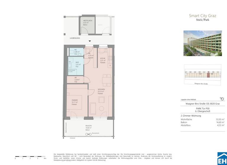 Wohnung zur Miete 613 € 2 Zimmer 53,9 m² 6. Geschoss frei ab 01.07.2026 Waagner-Biro-Straße Lend Graz 8020