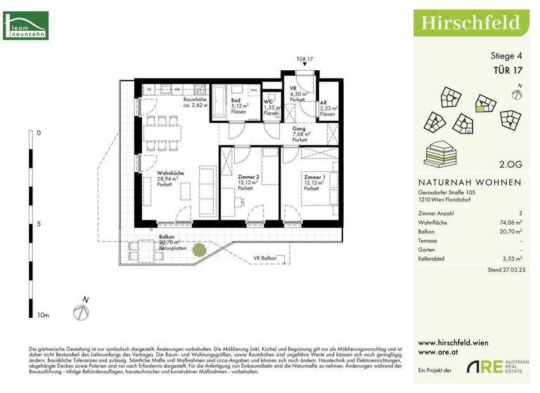 Wohnung zum Kauf - Erstbezug provisionsfrei 407.200 € 3 Zimmer 74,1 m² 2. Geschoss Gerasdorfer Straße 105 Wien 1210