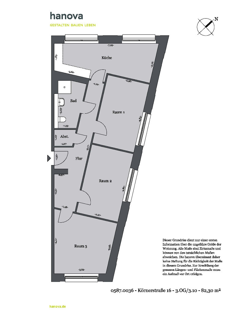 Wohnung zur Miete 1.075 € 3 Zimmer 82,3 m²<br/>Wohnfläche 3.<br/>Geschoss ab sofort<br/>Verfügbarkeit Körnerstr. 16 Mitte Hannover 30159