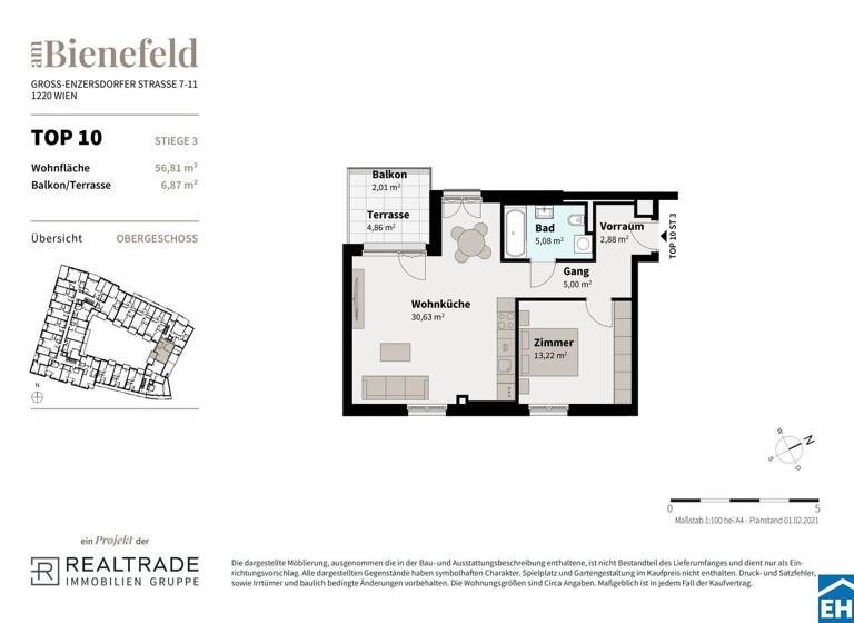 Wohnung zum Kauf - Erstbezug 284.800 € 2 Zimmer 56,8 m² 1. Geschoss Wimpffengasse Wien 1220