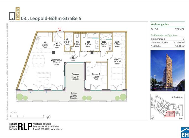 Penthouse zum Kauf - Erstbezug 989.000 € 3 Zimmer 111,7 m² 34. Geschoss Leopold-Böhm-Straße 5 Wien 1030