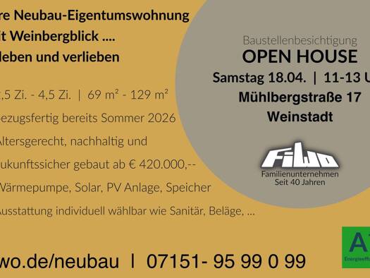 Wohnung zum Kauf - Erstbezug provisionsfrei 680.000 € 4 Zimmer 129 m² frei ab 01.09.2026 Mühlbergstraße 17 Schnait Weinstadt 71384
