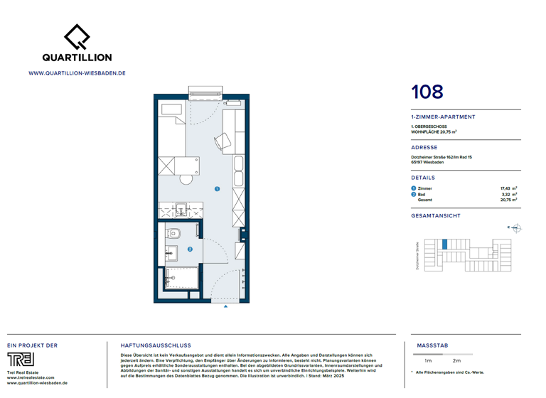Studio zur Miete - Erstbezug 495 € 1 Zimmer 20,8 m² 1. Geschoss frei ab sofort Im Rad 15 Wiesbaden 65197