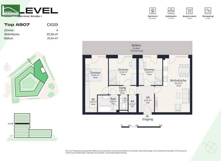 Wohnung zur Miete - Erstbezug 1.099 € 4 Zimmer 87,3 m² 9. Geschoss frei ab 01.05.2026 Kärntner Straße 1 Gries Graz 8020