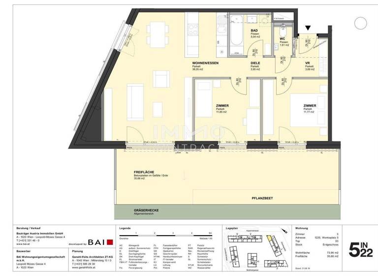 Terrassenwohnung zur Miete 1.122 € 3 Zimmer 74 m² EG frei ab sofort Wien 1220