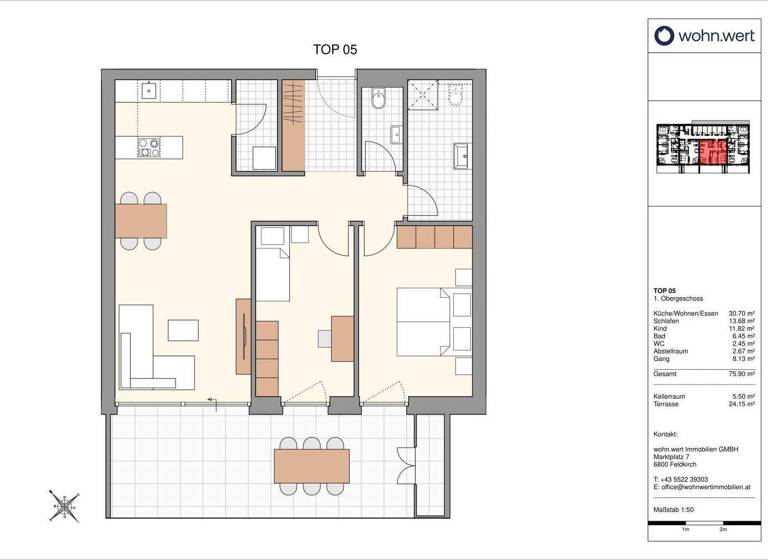 Terrassenwohnung zum Kauf - Erstbezug 530.000 € 3 Zimmer 75,9 m² 1. Geschoss Kalkofenweg 24 B+C Götzis 6840