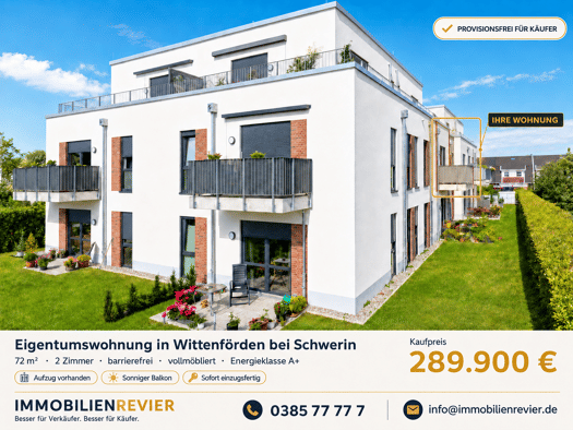 Wohnung zum Kauf provisionsfrei 289.900 € 2 Zimmer 72 m² 1. Geschoss Wittenförden Wittenförden 19073