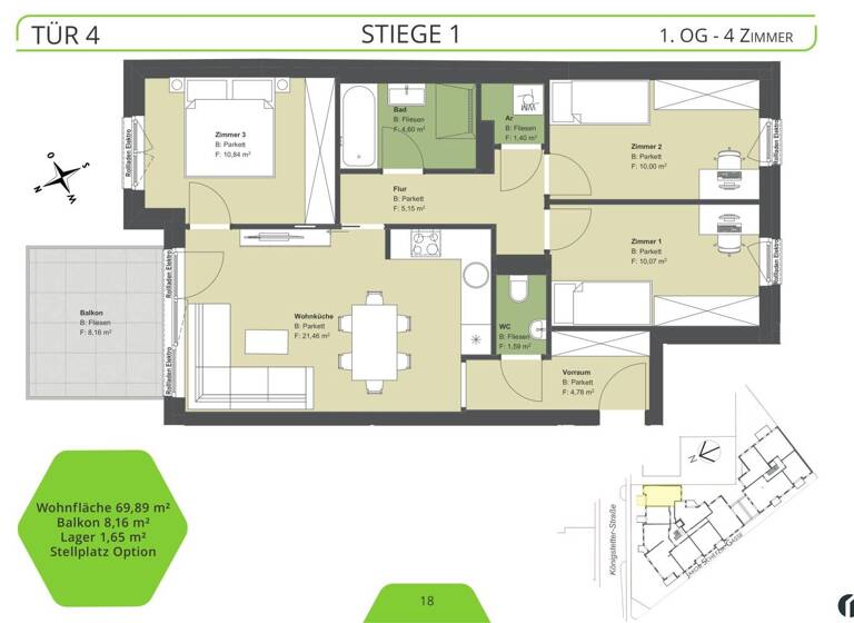 Wohnung zum Kauf - Erstbezug 349.800 € 4 Zimmer 69,9 m² 1. Geschoss Königstetter Straße 66 - 68 Tulln an der Donau 3430