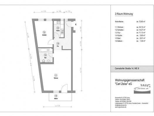 Wohnung zur Miete 657 € 2 Zimmer 72,7 m² 2. Geschoss frei ab 01.02.2026 Camsdorfer Str. 14 Wenigenjena Jena 07749
