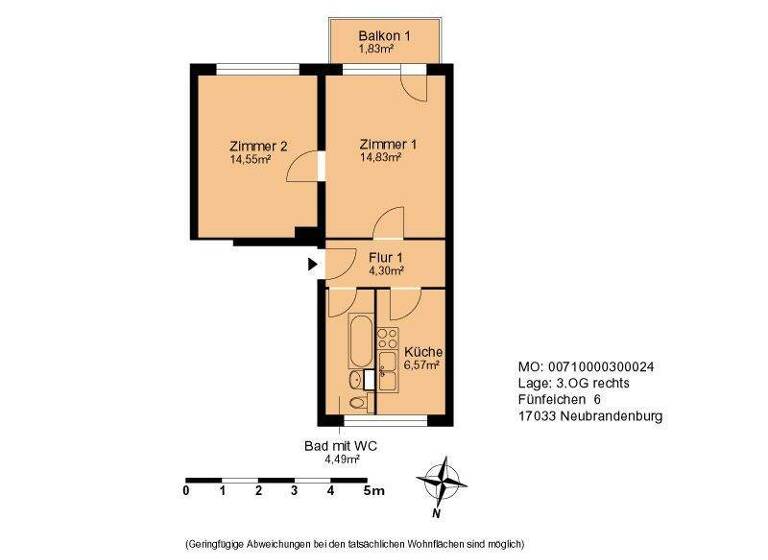 Wohnung zur Miete 339 € 2 Zimmer 49,5 m² 3. Geschoss frei ab 30.04.2026 Fünfeichen 6 Südstadt Neubrandenburg 17033
