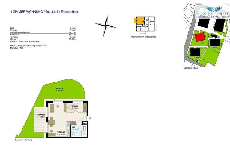 Studio zur Miete - Erstbezug 670 € 1 Zimmer 38,6 m² EG Hohenweiler 6914