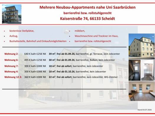 Wohnung zur Miete 510 € 1 Zimmer 31 m² Geschoss 2/4 frei ab 01.09.2026 Scheidt Saarbrücken 66133
