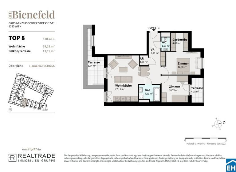 Wohnung zum Kauf - Erstbezug 429.000 € 3 Zimmer 69,2 m² 2. Geschoss Groß-Enzersdorfer Straße Wien 1220