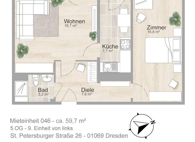 Wohnung zur Miete 535 € 2 Zimmer 59,7 m² 5. Geschoss frei ab 16.03.2026 St. Petersburger Str. 26 Seevorstadt-Ost/Großer Garten Dresden 01069