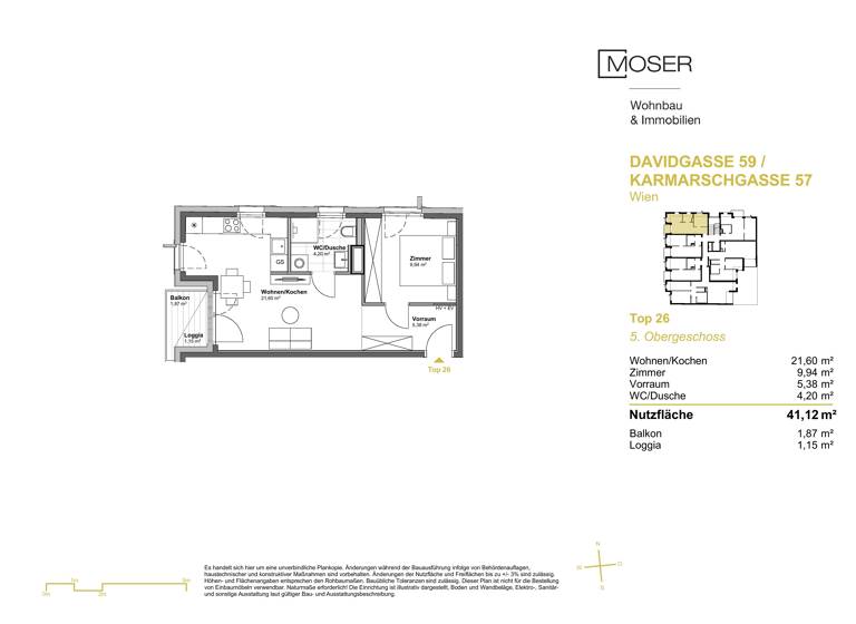 Wohnung zum Kauf - Erstbezug provisionsfrei 284.900 € 2 Zimmer 41,1 m² 5. Geschoss Davidgasse 59 Wien 1100