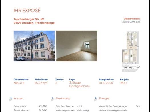 Wohnung zur Miete 436 € 2 Zimmer 55 m² Geschoss 3/3 frei ab 01.10.2026 Trachenberger Straße 59 Pieschen-Nord/Trachenberge Ortsamtsbereich Pieschen 01129