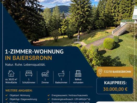 Wohnung zum Kauf 2,38 € 1 Zimmer 30 m² 1. Geschoss Hölderlinweg 5 Baiersbronn Baiersbronn 72270