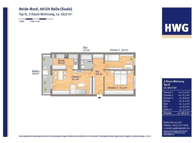 Wohnung zur Miete 422 € 3 Zimmer 70,4 m² 5. Geschoss Eichelweg 8 Heide Nord Halle 06120