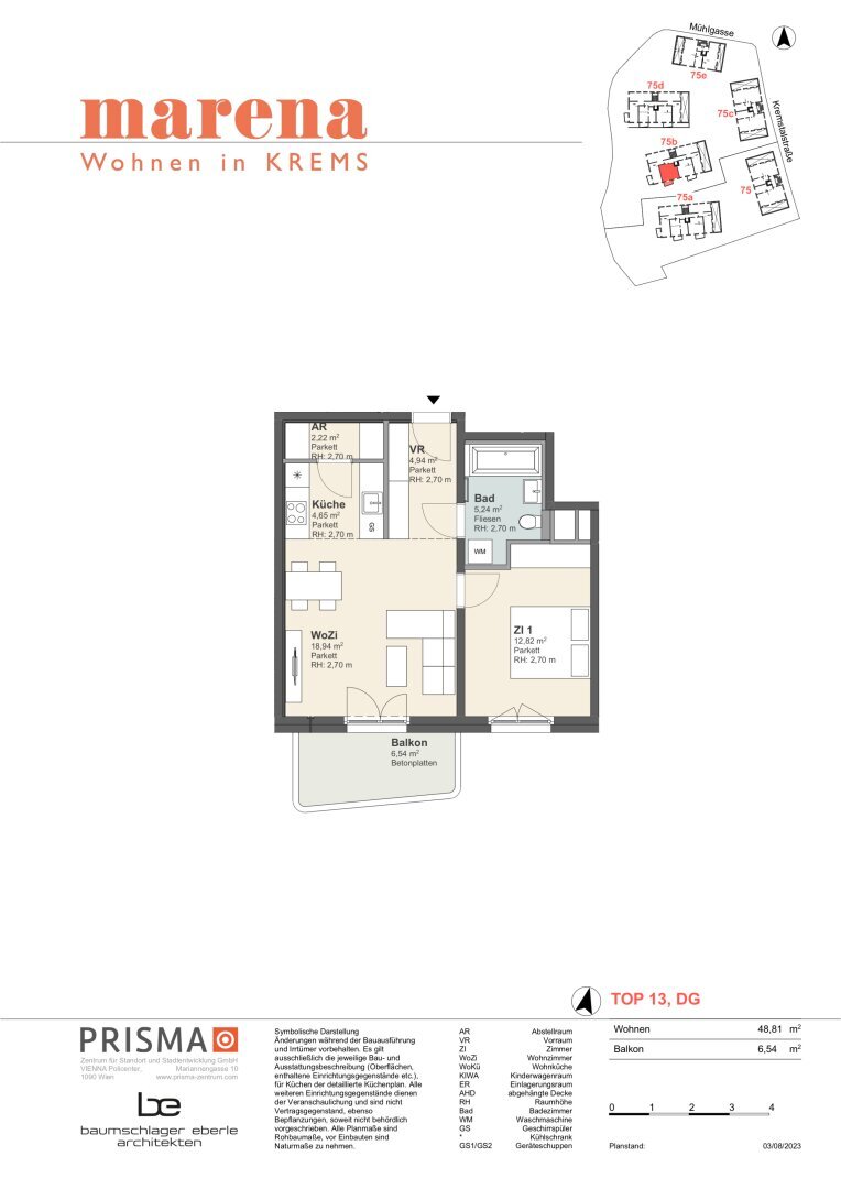 Wohnung zur Miete 788 € 2 Zimmer 48,8 m²<br/>Wohnfläche 2.<br/>Geschoss 01.03.2025<br/>Verfügbarkeit Kremstalstraße 75b Krems an der Donau Krems an der Donau 3500