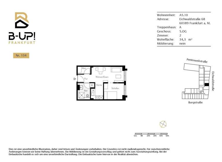Wohnung zur Miete 1.160 € 2 Zimmer 34,7 m² 5. Geschoss Eichwaldstraße 68 Nordend-Ost Frankfurt am Main 60385