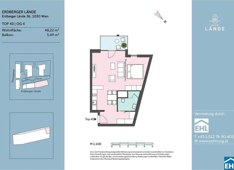 Wohnung zur Miete 806 € 2 Zimmer 48,2 m² 4. Geschoss frei ab sofort Erdberger Lände 36 Wien 1030