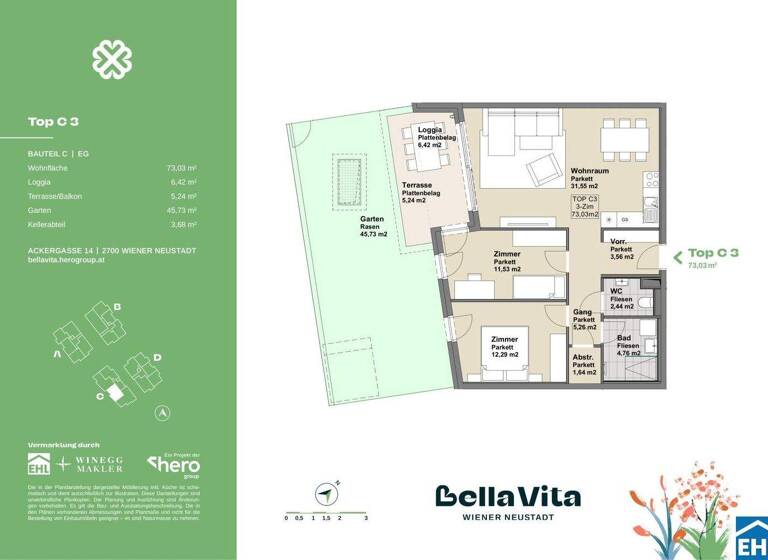 Wohnung zum Kauf - Erstbezug 363.900 € 3 Zimmer 73 m² EG Ackergasse Wiener Neustadt 2700