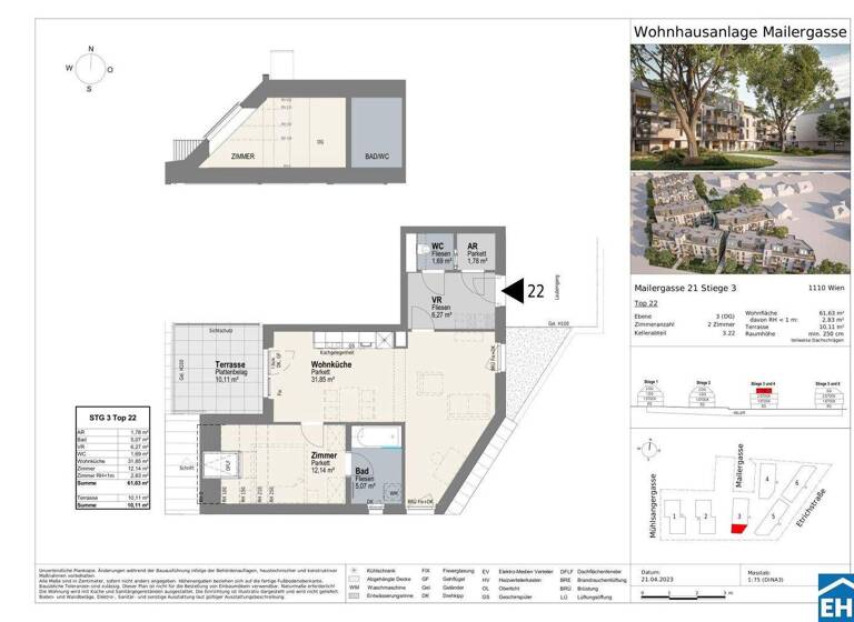 Wohnung zur Miete 863 € 2 Zimmer 61,6 m² 3. Geschoss frei ab 01.04.2026 Mailergasse Wien 1110