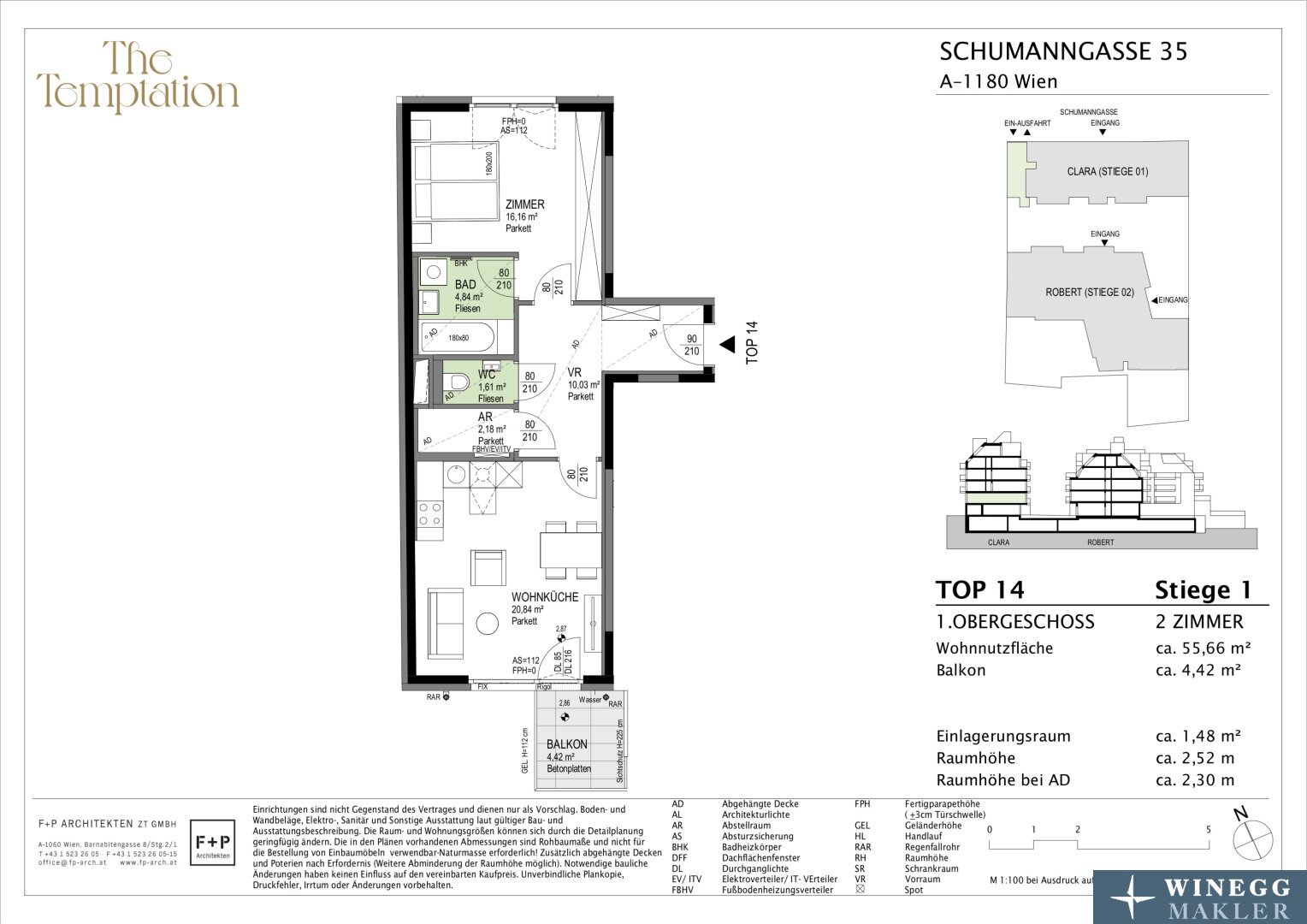 Wohnung zum Kauf 416.800 € 2 Zimmer 55,7 m²<br/>Wohnfläche 1.<br/>Geschoss Schumanngasse 35 Wien 1180