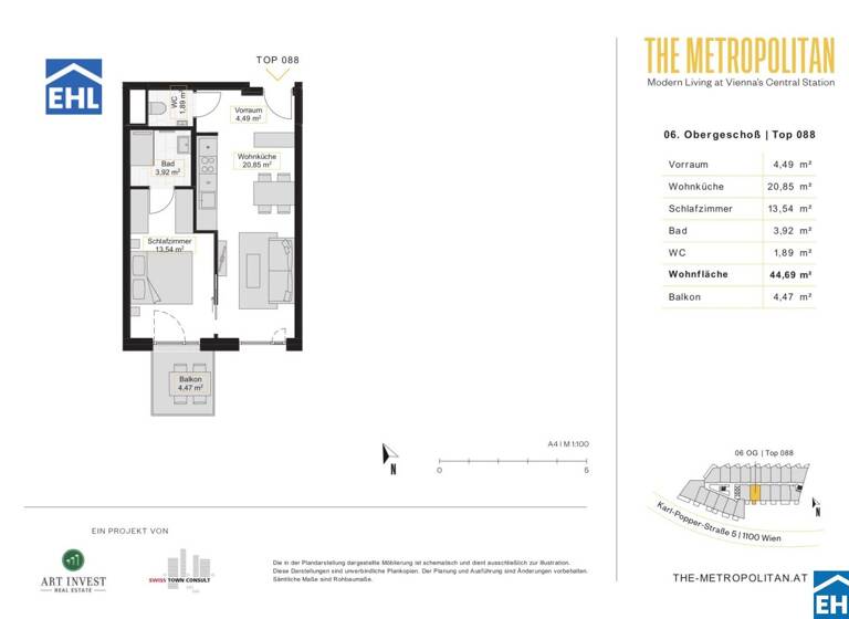 Wohnung zur Miete 824 € 2 Zimmer 44,7 m² 6. Geschoss frei ab 01.05.2026 Wien 1100