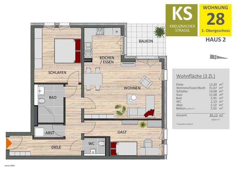 Wohnung zur Miete 1.860 € 3 Zimmer 85,1 m² 1. Geschoss Zollstock Köln 50968