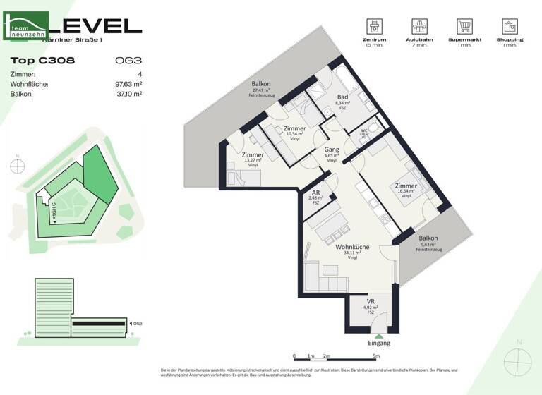 Wohnung zur Miete - Erstbezug 1.100 € 4 Zimmer 97,6 m² 3. Geschoss frei ab 01.05.2026 Kärntner Straße 1 Gries Graz 8020