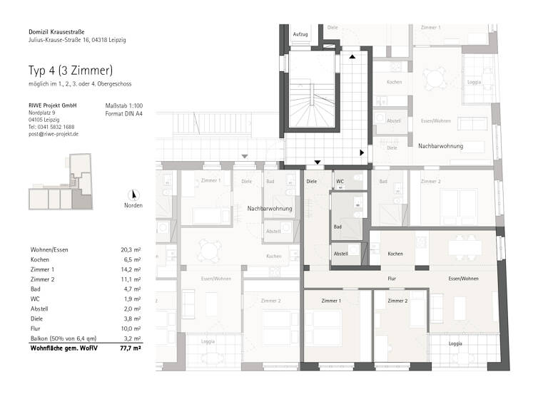 Wohnung zum Kauf provisionsfrei 362.082 € 3 Zimmer 77,7 m²<br/>Wohnfläche 1.<br/>Geschoss ab sofort<br/>Verfügbarkeit Julius-Krause-Strasse 16 Sellerhausen-Stünz Leipzig 04318