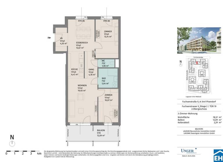Wohnung zur Miete - Erstbezug 814 € 3 Zimmer 78,4 m² 2. Geschoss Fuchsenstraße Pixendorf 3451