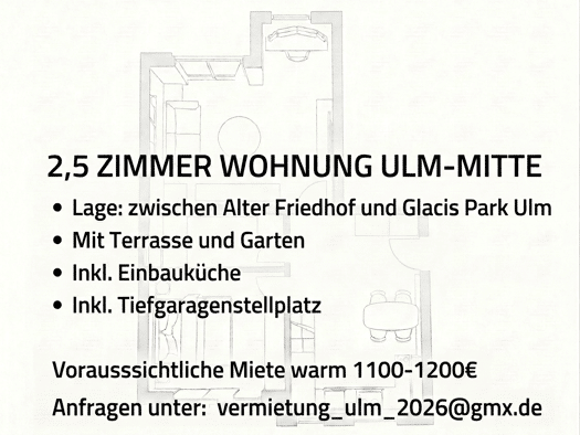 Terrassenwohnung zur Miete 968 € 2,5 Zimmer 65 m² Geschoss EG/3 frei ab 01.10.2026 Mitte Ulm 89073