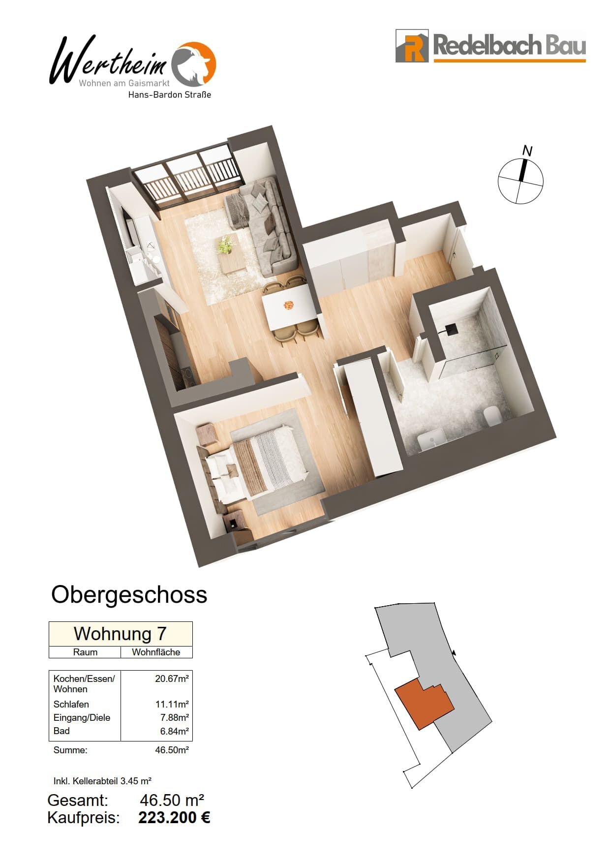 Wohnung zum Kauf provisionsfrei 211.300 € 2 Zimmer 44 m²<br/>Wohnfläche 2.<br/>Geschoss Hans-Bardon-Strasse 4-6 Wertheim Wertheim 97877