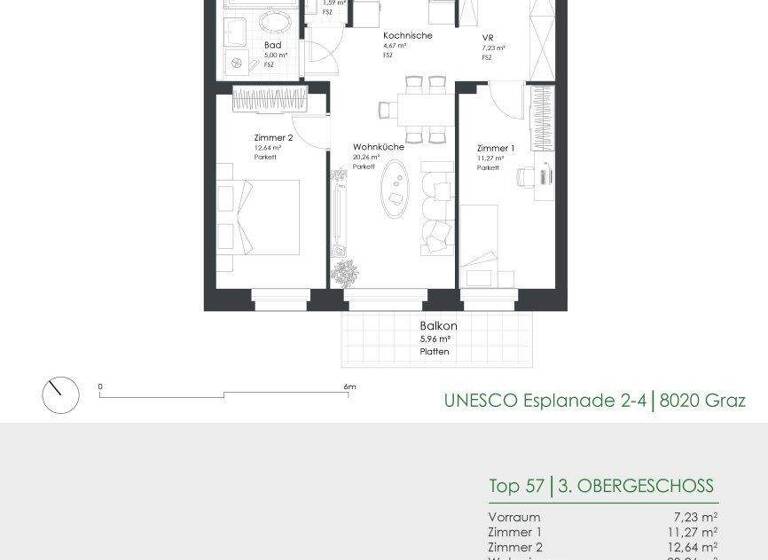 Wohnung zur Miete 629 € 3 Zimmer 62,7 m² 3. Geschoss frei ab 01.04.2026 UNESCO-Esplanade 2-4 Eggenberg Graz 8020