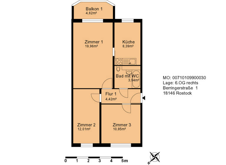 Wohnung zur Miete 370 € 3 Zimmer 61,9 m² 6. Geschoss Berringerstraße 1 Dierkow-Neu Rostock 18146