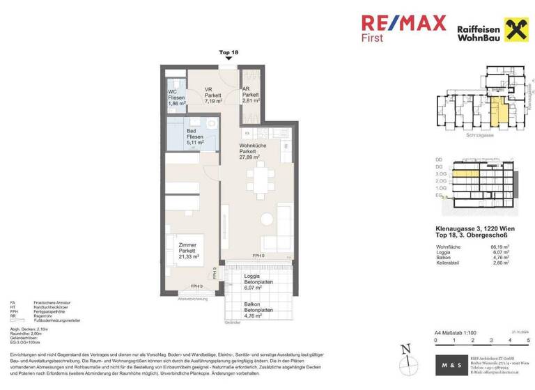 Terrassenwohnung zum Kauf - Erstbezug provisionsfrei 462.500 € 2 Zimmer 66,2 m² 3. Geschoss Klenaugasse Wien 1220