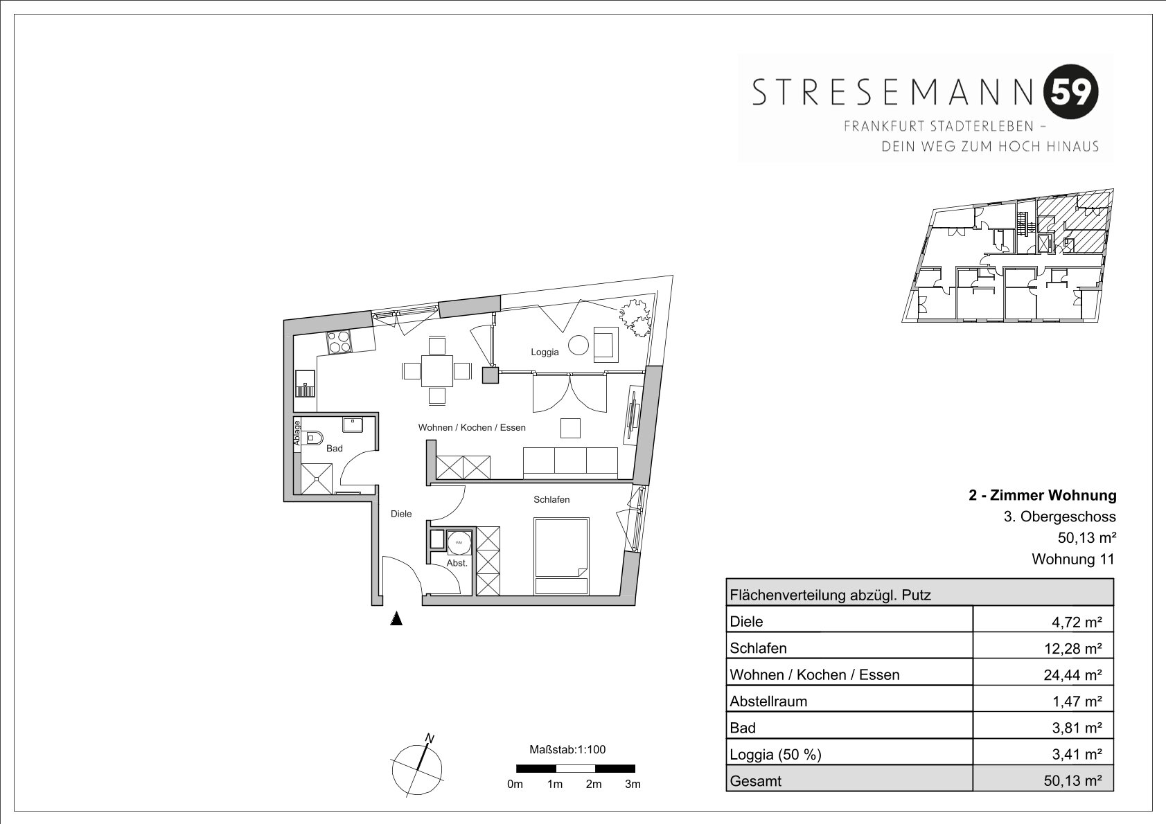 Wohnung zum Kauf 486.000 € 2 Zimmer 50,1 m²<br/>Wohnfläche 3.<br/>Geschoss Stresemannallee 59 Sachsenhausen - Nord Frankfurt am Main 60596