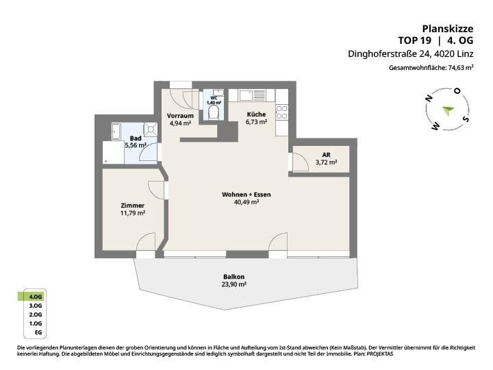 Wohnung zur Miete 940 € 2 Zimmer 74,6 m²<br/>Wohnfläche 4.<br/>Geschoss 01.02.2025<br/>Verfügbarkeit Lustenauerstraße Linz Linz 4020