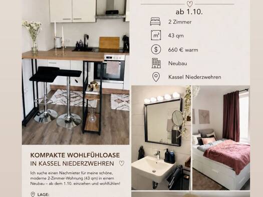 Wohnung zur Miete 507 € 2 Zimmer 43 m² Geschoss 2/2 frei ab 01.10.2026 Niederzwehren Niederzwehren 34134