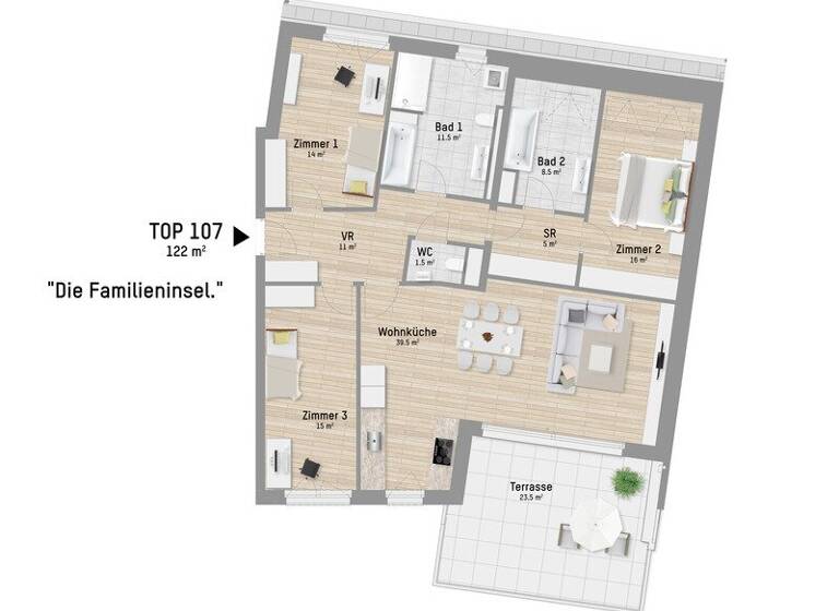 Wohnung zur Miete - Erstbezug 2.686 € 4 Zimmer 122,1 m² 1. Geschoss Lobaugasse 25 Wien 1220