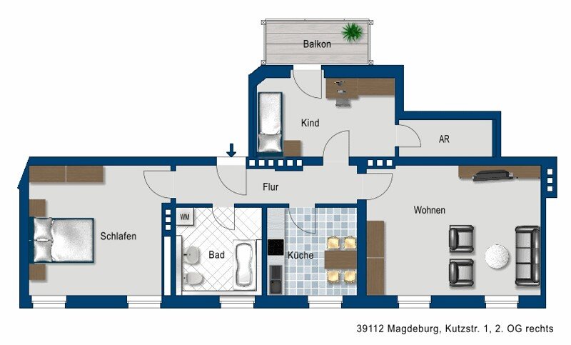 Wohnung zur Miete 625 € 3 Zimmer 92 m²<br/>Wohnfläche 2.<br/>Geschoss 30.11.2024<br/>Verfügbarkeit Kutzstr. 1 Helmholtzstraße Magdeburg 39112