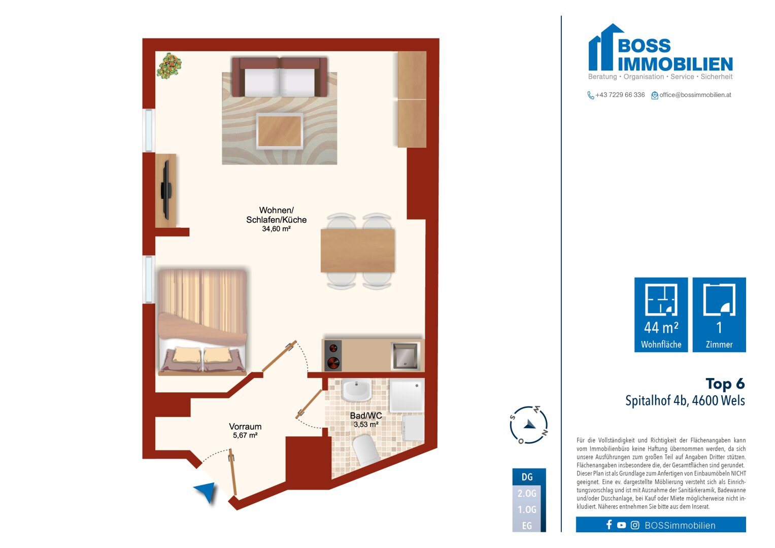 Wohnung zur Miete 341 € 43,8 m²<br/>Wohnfläche 2.<br/>Geschoss Spitalhof 4b Wels Wels 4600