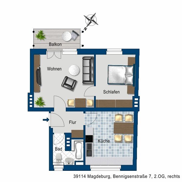 Wohnung zur Miete 353 € 2 Zimmer 55,2 m²<br/>Wohnfläche 2.<br/>Geschoss 22.11.2024<br/>Verfügbarkeit Bennigsenstr. 7 Siedlung Cracau Magdeburg 39114