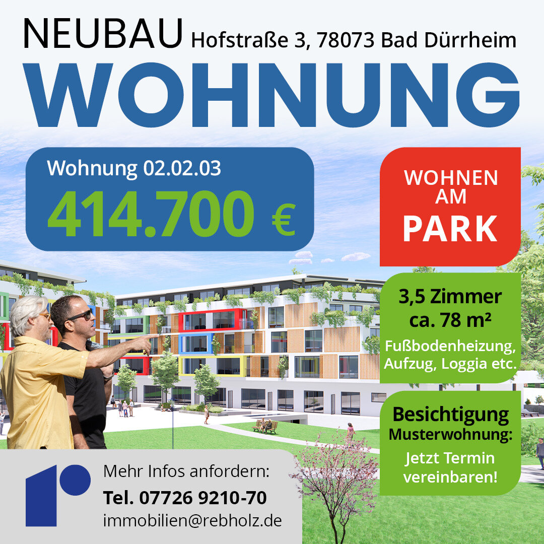 Wohnung zum Kauf provisionsfrei 414.700 € 3,5 Zimmer 78 m²<br/>Wohnfläche 2.<br/>Geschoss Hofstraße 3 Bad Dürrheim Bad Dürrheim 78073